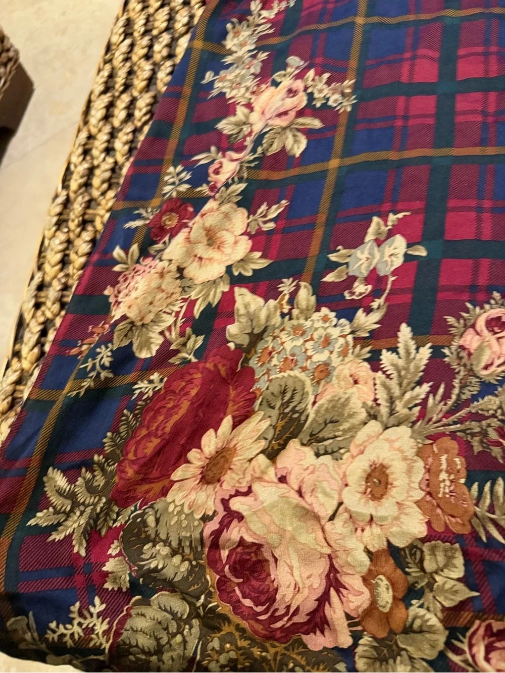 Vtg RALPH LAUREN Silk Floral Plaid Winter Scarf